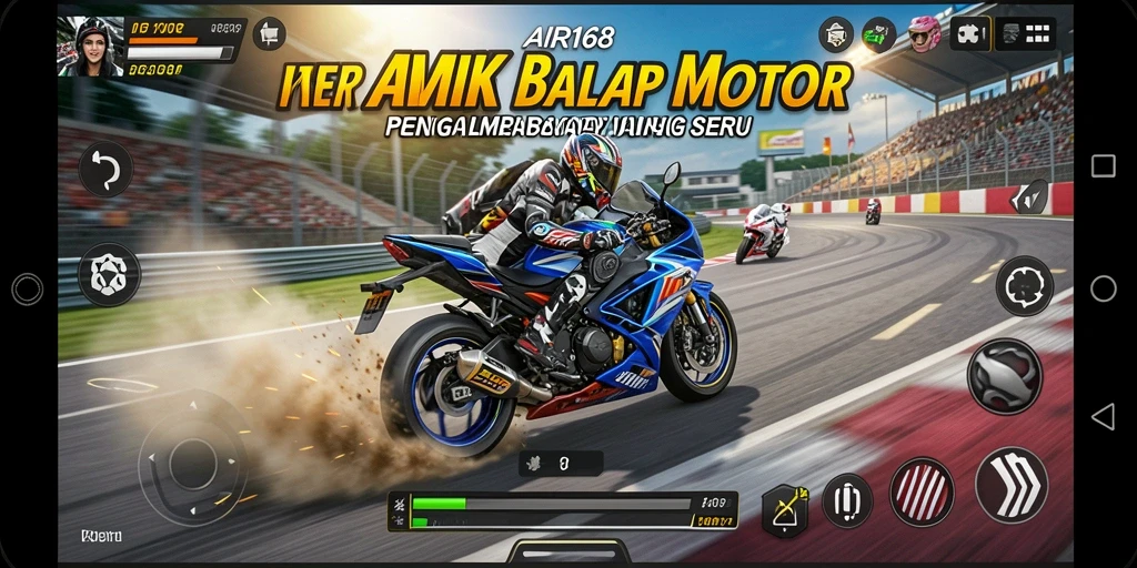 Screenshot utama AIR168 menampilkan aksi balap motor yang cepat.