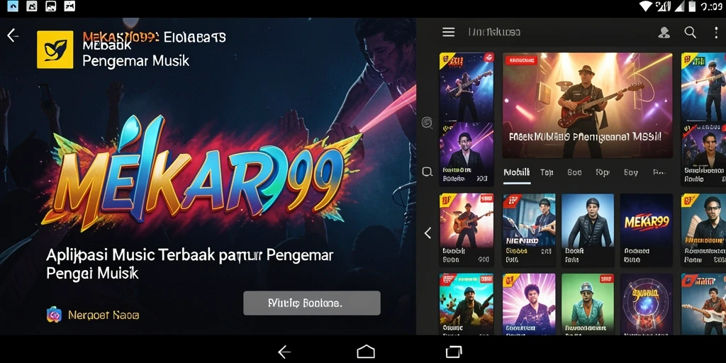 Screenshot utama MEKAR99 menampilkan gameplay interaktif dengan musik.